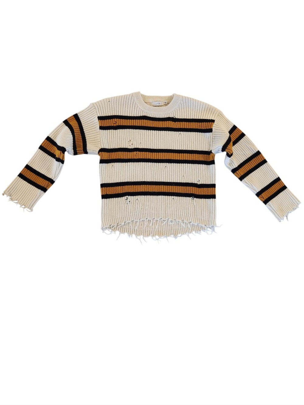 Lush White, Black & Yellow Striped Distressed Sweater - Women's Size Small